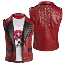 Mens Wine Red Metal Studded Punk Superhero Cosplay Costume Genuine Leather Vest