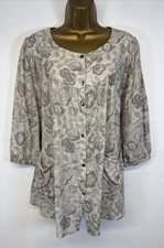 Gudrun Sjoden Blouse Beige Floral 100% Cotton Pockets Button Long Sleeve M 16/18
