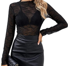 Mesh Mock Neck Layering Top,  Long Sleeve Floral Lace See Through Black or White