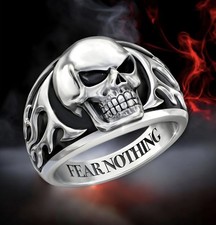 Mens Gothic Biker Skull Ring Engraved FEAR NOTHING
