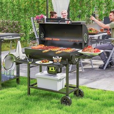 Barbecue Grill, Barrel Charcoal BBQ with Wheels, Temperature Gauge, Air Vents