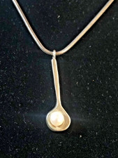 925 Sterling Silver Mini Culinary Soup Spoon And Pearl Necklace 16"
