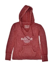 HARD ROCK CAFE Womens Graphic Hoodie Jumper UK 2 2XS Burgundy Cotton AM15