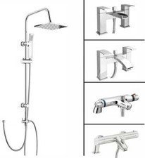 Modern Chrome Bath Shower Mixer Tap & 3 Way Square Rigid Riser Shower Rail Kit
