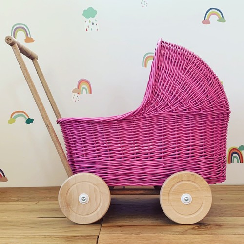 Pink wicker doll pram - wicker,