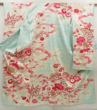 5427T12z890 Vintage Japanese Kimono Silk FURISODE Peony Light blue