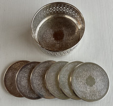 Vintage Strachan Silver Plated Wine Bottle Coaster Holder & 6 Glass Coasters