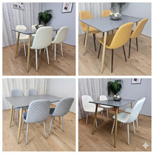 Dining Table Set of 4 Wooden Grey Table with 4 Gem Patterend Chairs