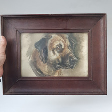 Antique Watercolour Painting Dog Mastiff Oak Frame 26x35cm
