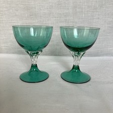 Green Clear Stem Wine Glasses 11 cm Tall 8 cm Diameter Set Of 2 Vintage