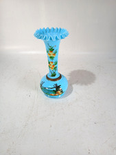 Victorian Era Blown Glass Handpainted Vase With Rufflrd Top. 10"T