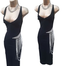 12 UK Vintage KAREN MILLEN Black  Safari Pearl Beaded Flapper Midi Dress