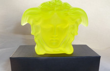 Versace Rosenthal Yellow Uranium Glass Paperweight NEW Boxed 4" / 10cm 2 Sided
