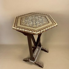 Middle Eastern Inlaid Side Table Mother of Pearl Hexagonal Marquetry End Table