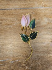 Stained Glass Pink & Green Flower Tulip Sun Catcher Glass Metal 7.5" Vtg