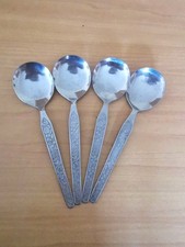 Set of 4 Vintage Stainless Steel Soup Spoons – Floral Pattern Cutlery Retro...