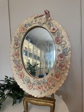 Vintage Pink Floral Oval Mirror Pottery Cottage Barbola Style Hand Painted