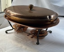 Swiss Stockli Netstal Hammered Copper FONDUE POT Burner, Stand, Lids, Tray