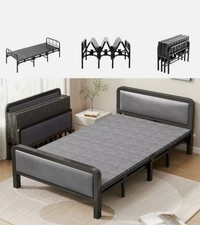 3FT Heavy Duty Metal Bed Frame Folding Single Guest Bed w/Padded Foam Headboard