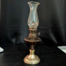 Vintage 1970s Small Amber Glass Kerosene Oil Lamp