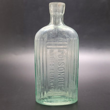 Antique Aqua Glass Poison Bottle 21cm Ribbed “Poisonous  Not To Be Taken Vintage