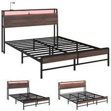 HOMCOM Bed Frame with Headboard, LED Lights, Charging Station, Walnut