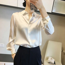 Satin-Finish Long-Sleeve Button-Up Blouse
