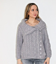 Irish Knitted 100% Pure Merino Wool Cable Fisherman Zip Cardigan Blue Size L