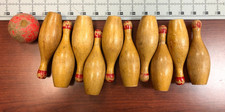 Vintage Set of 10 Miniature Wood Bowling Pins/Skittles with Red Stripe…5” Tall
