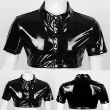 Men's PVC Patent Leather Crop Tops Wet Look Blouse Shirt Jacket Coat Slim Fit