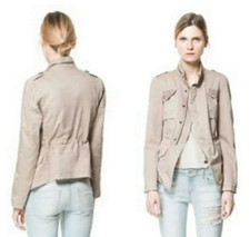 ZARA Women’s XS Bomber Military Jacket Studded Beige Utility