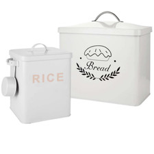2 Pack Metal Bread Bin with Lid, Large Square Rice Container with Lid & Spoon