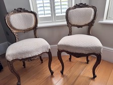 Pair of Vintage French Louis XV Style Chairs - Rococo Revival Carved Wood 