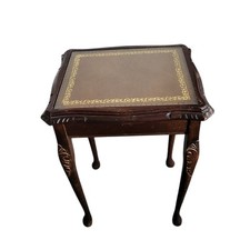 Vintage Mahogany Small Side Table Leather Tabletop Queen Anne Style Legs 