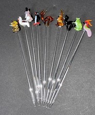 Set of 9 Vintage MURANO Lampwork Glass Novelty Animals Cocktail Swizzle Sticks