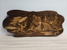Mid-century vintage inlaid wood. Marquetry wall art. Featuring a Tiger 1960-1970