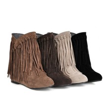 Women's Ladies Ankle Boots Faux Suede Zip Flat Heel Fringe Tassel Girls Shoes