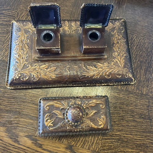 Antique embossed leather desk - antique,