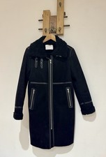 ZARA Black Faux Leather Longline Shearling Funnel Neck Biker Trench Coat Size M