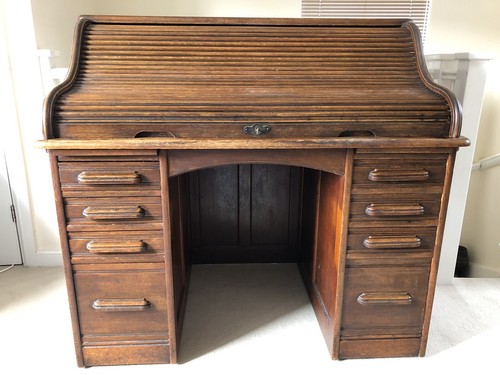 Antique oak roll top - desk, by