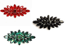 3" LONG VINTAGE LOOK FLOWER LEAF RED, GREEN OR BLACK  CRYSTAL BROOCH  PIN