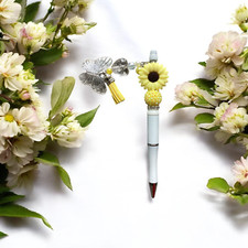 Beaded White Pen with Yellow Daisy beads and tassel, black biro - gift for Women