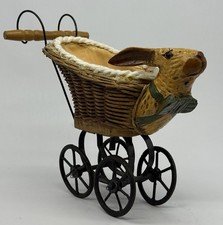 Antique Vintage Doll Stroller Pram Rabbitt Bunny Head Wicker Basket Iron Wheels