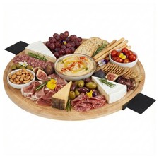 40cm Bamboo Lazy Susan Rotating Serving Round Platter Turntable w/ Metal Handles