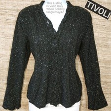 Tivoli Black Fleck Wool Silk Flare Sleeve Peplum Cardigan Sweater Womens Medium