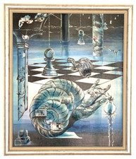 Vintage Surreal chess game original painting Wollenweber