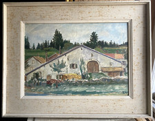 Ernst Nobbs 1914 Oil Painting Houses at the Lake ° Signed Villa Antique Oil
