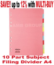 10 Part Subject Filing File Dividers A4 Multi Punched Coloured  