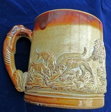 *RARE c1840  Large Hunting Mug ANTIQUE Stoneware Ceramic DOG Hound HANDLE Horses