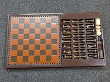 Vintage Italy Italfama Chess Checkers Set Embossed Leather Board Metal Pieces